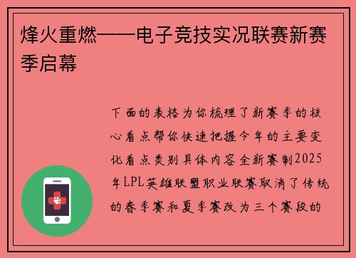 烽火重燃——电子竞技实况联赛新赛季启幕